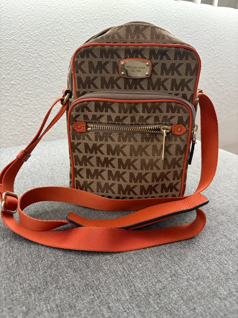 Michael Kors Brown Mk Logo Crossbody With Orange Strap